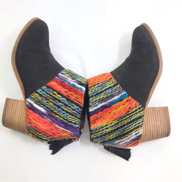 Toms LEILA Chocolate Suede Leather Colorful Textile Zip Back Heeled Ankle Boots - Picture 5 of 13